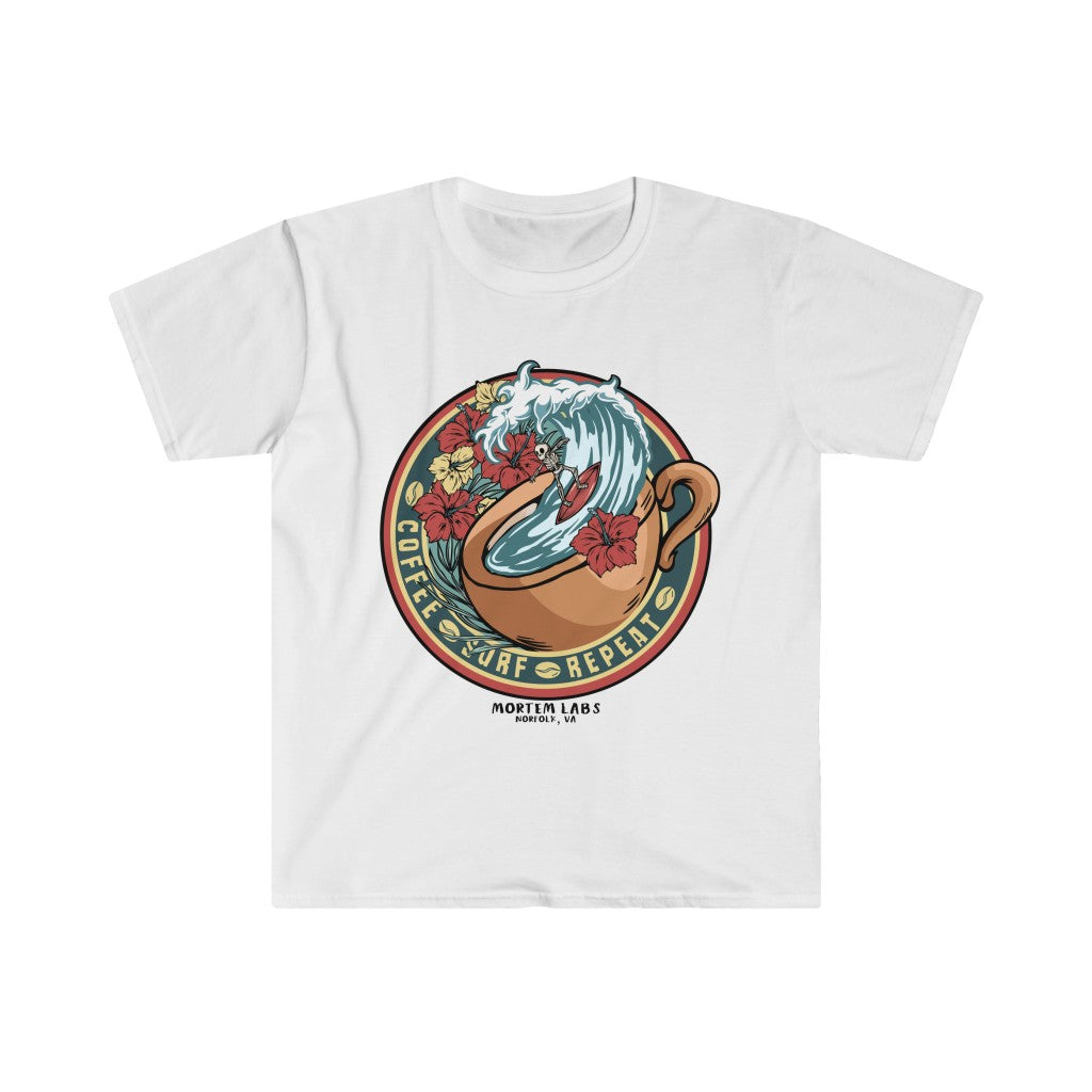 Coffee, Surf, Repeat (Front Print) Unisex Softstyle T-Shirt