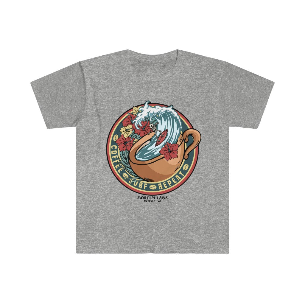 Coffee, Surf, Repeat (Front Print) Unisex Softstyle T-Shirt